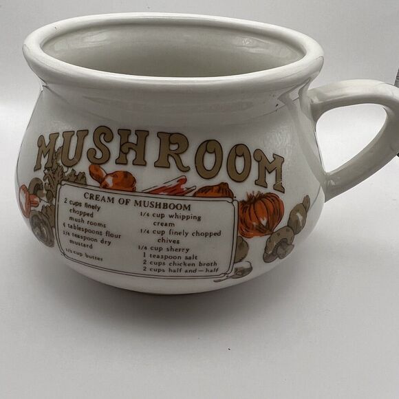 Vintage Mushroom Soup Recipe Mug Crock Bowl Handle Glazed Stoneware 16 Oz Cup - Picture 1 of 9